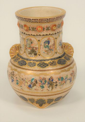 Japanese Satsuma Vase having panels intricately painted with figures, a band of scholar and boy figures, gilt dot decoration through...