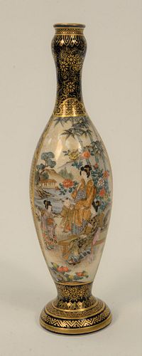 Tall Japanese Satsuma vases having gilt decorated blue ground, one panel painted with geisha and children in courtyard and the oppos...