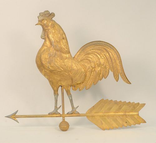 Rooster Copper Full Bodied Weathervane on directional arrow in gilt on iron stand.
height 33 inches, total length 38 inches. 
Proven...