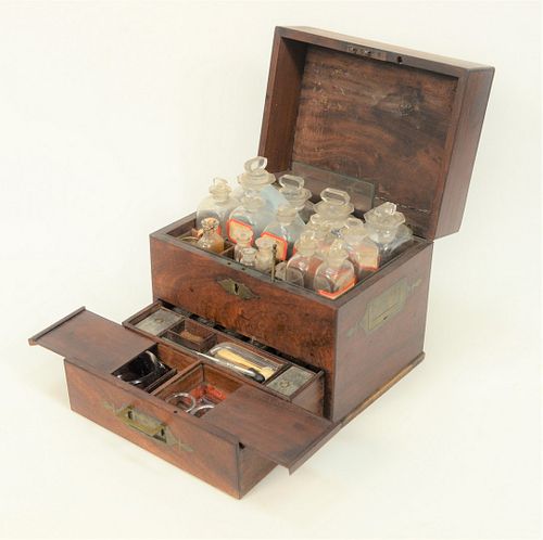 Mahogany Medical Apothecary Box, 19th century, lift-top opening to fitted interior having sixteen bottle compartments, over one draw...