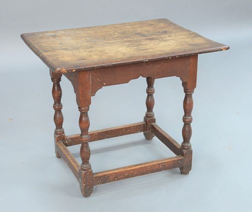 Tavern Table, having rectangular top on turned legs with box stretcher, maple, 17th - 18th century. height 23 inches, top 20 3/4" x 28". 
Provenance: 