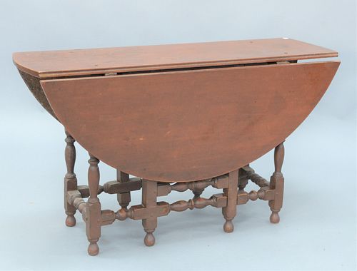 William & Mary Gateleg Dining Room Table in old red paint having oval top, over one long drawer on block turned legs ending in ball ...