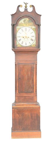 Mahogany Tall Clock, having broken arch top over tombstone dial with painted scene, marked 'George Lewton Kingswood', over ebonyline...