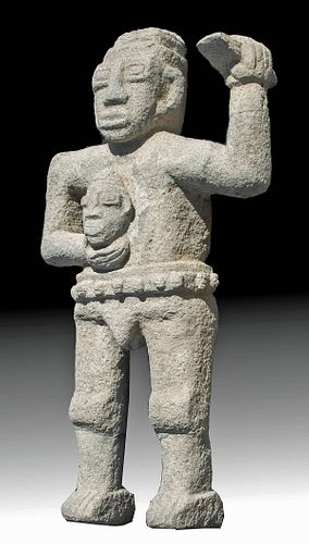 Costa Rican Stone Statue of Headhunter w/ Trophy Head