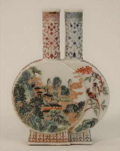 Chinese Famille Rose Porcelain Double Moon Flask, Vase or Snuff Bottle having intricately painted landscape on each side, signed on ...