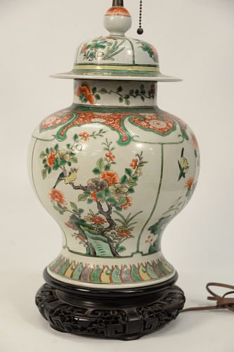 Famille Verte Chinese Porcelain Urn, made into a table lamp on carved base.
total height 32 inches, vase height 14 1/4 inches.