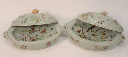 Pair of Large Chinese Export Covered Warming Dishes, celadon with enameled flowers, butterflies and birds, (some loss to cover).
len...