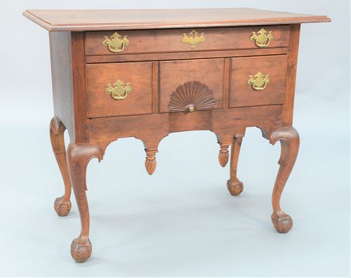 Chippendale Cherry Lowboy having large rectangular top over long drawer over long drawer with center fan carved drawers over drop pe...