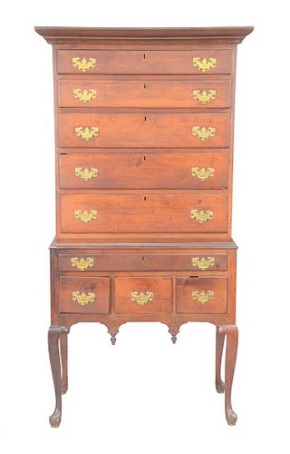 Queen Anne Cherry High Chest in two parts, upper section with large cornice molding over five drawers on lower section with one long drawer over three