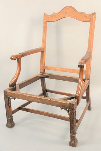 Chinese Chippendale Mahogany Armchair frame having scroll arm supports on blind carved legs with scroll supports and square stretche...