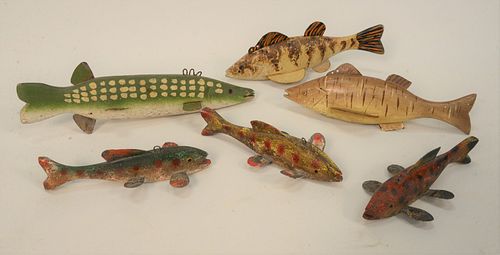 Group of Six Fish Decoys, carved wood with metal fins, all hand painted.
shortest length 5 1/2 inches, longest length 10 inches.
Pro...