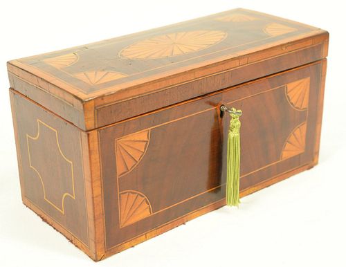 Mahogany Tea Box having fan and line inlay, top opening to conch shell inlay and three compartments.
height 6 3/4 inches, top 6" x 1...