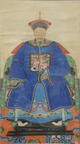 Framed Chinese Ancestral Portrait Painting, 19th century, watercolor on paper depicting ancestor portrait of man seated wearing blue...