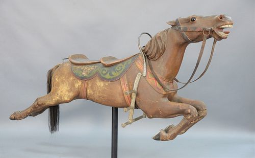 Carousel Steeplechase "Upset" Horse double saddle, metal footrests and horse hair tail.
total height on stand 67 1/2 inches. length ...