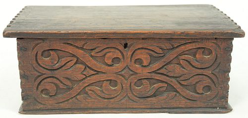 Rare Diminutive Oak Box with hinged lid, front with "S" scrolls, attributed to Thomas Dennis, Ipswich, Massachusetts, 1670 - 1700, c...