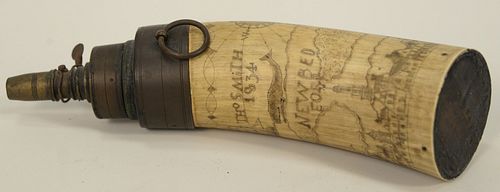 Scrimshaw Powder Horn, Thomas Smith 1834 New Bedford depicting whaling ships harpooning whales and townscape of houses and churches....