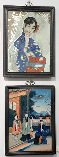 Two Chinese School Reverse Paintings on glass in hardwood frames, painting of Guanyin and courtyard painting with three figures.
19"...