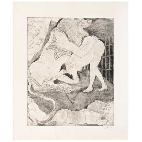 FRANCISCO TOLEDO, Lion et Femmes, Firmado, Grabado al aguafuerte y punta seca P. A., 29.7 x 24 cm