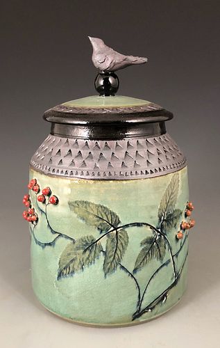 Poison Hemlock Cannister with Sumi-e Bird and Red Berries
