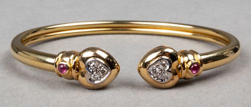 18K Gold Diamond & Ruby Heart Bangle Bracelet