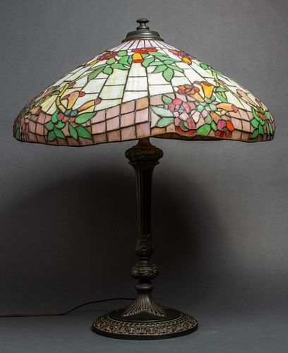Tiffany Manner Leaded Glass & Bronze Table Lamp