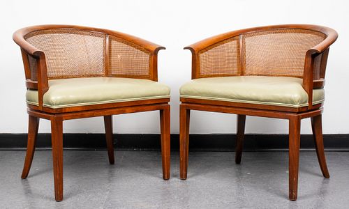 Wormley Style Barrel & Caned Back Arm Chairs, Pr