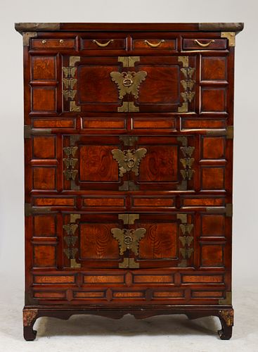 Korean Brass Butterfly Mounted Wood Cabinet