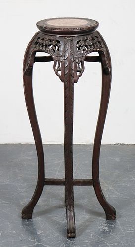 Chinese Carved Wood & Marble Plant Stand