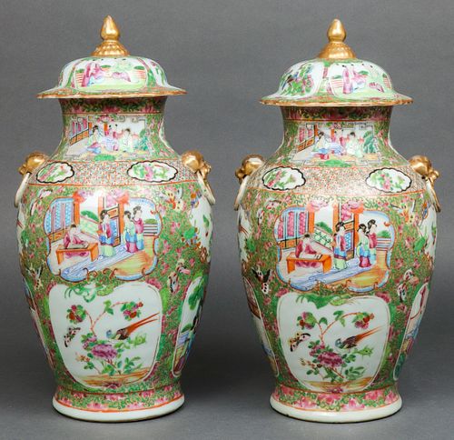 Chinese Rose Medallion Covered Jars, 19th C., Pair