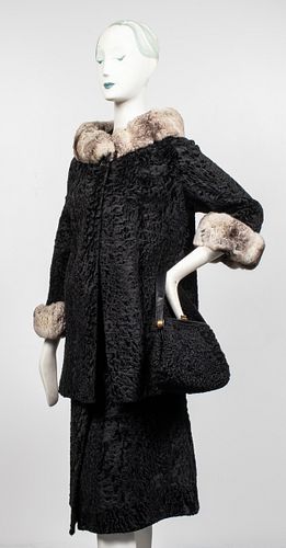 Persian Lamb & Chinchilla Fur Coat w Purse, Skirt