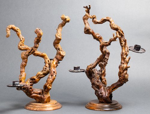 Twisted Root Burl Wood Candleholders, Pair