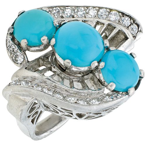 TURQUOISES AND DIAMONDS RING. 18K WHITE GOLD