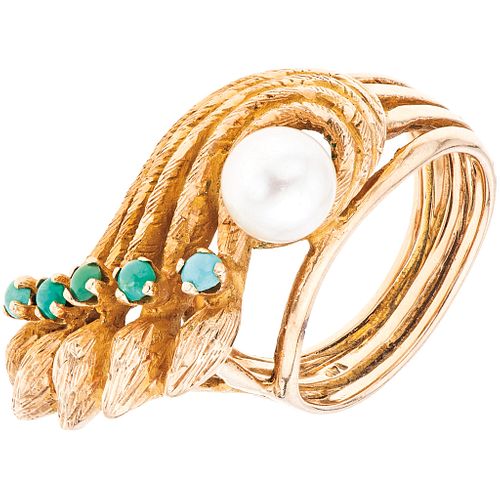 CULTURED PEARL AND TURQUOISES RING. 14K YELLOW GOLD