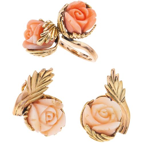 RING AND EARRINGS SET WITH CORALS. 10K YELLOW GOLD