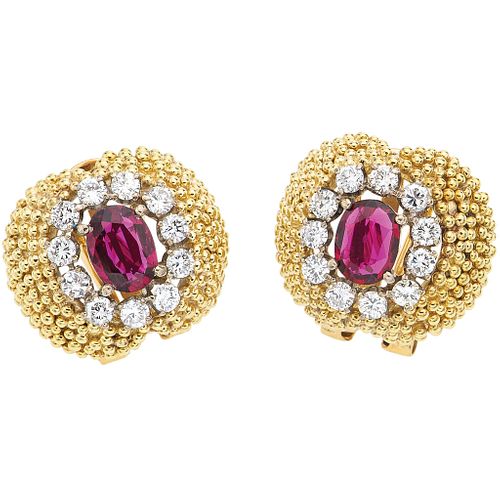 RUBY AND DIAMONDS EARRINGS. 14K YELLOW GOLD AND PALLADIUM SILVER