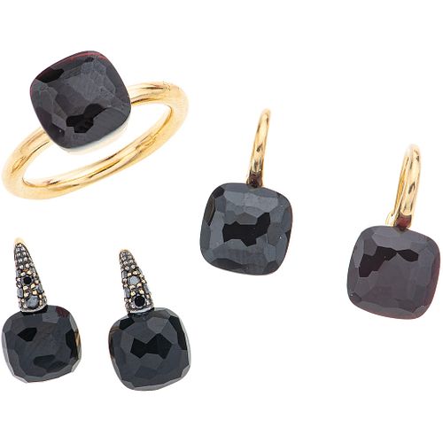 RING AND TWO PAIR OF EARRINGS WITH GARNETS, ONYX AND DIAMONDS. 18K PINK GOLD. POMELLATO, CAPRI AND NUDO COLLECTION