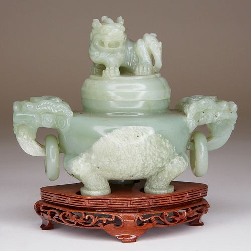 Chinese Hardstone Green Tripod Censer w/ Stand