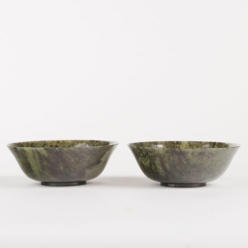 Pair Early 20th c. Chinese Spinach Jade Bowls