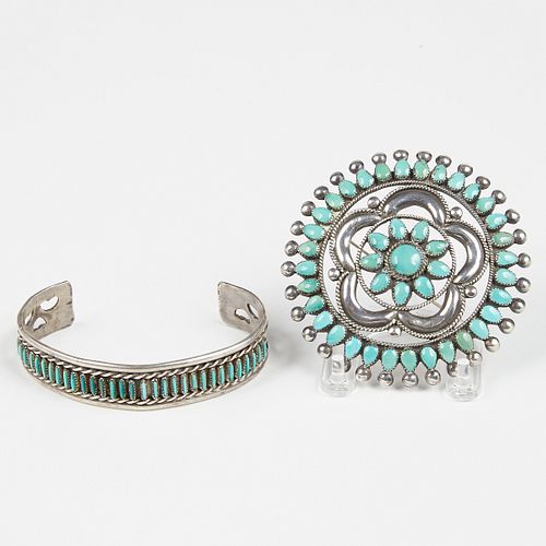 20th c. Native American Zuni Silver Turquoise Jewelry Brooch & Bangle