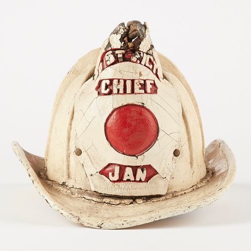20th c. Painted Leather Fireman's Helmet Eagles Head