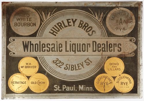 Large 20th c. Hurley Bros. Wholesale Liquor Dealers Tin Sign