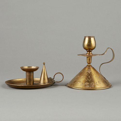 Grp: 2 Arts & Crafts Brass Candleholders - KSIA - Pairpoint