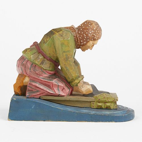 20th c. European Painted Wood Carving of Woman w/ Mangle