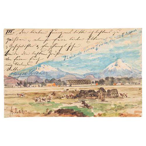 Lohr, August. Plaza de Toros y Vista de los Volcanes. México: 1897. Tarjeta postal. Con una acuarela original de August Lohr.