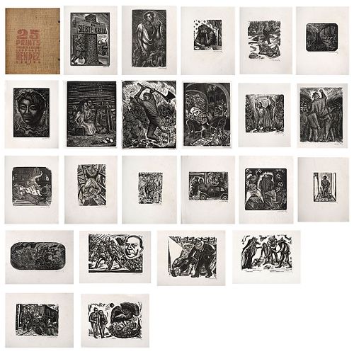LEOPOLDO MÉNDEZ, 25 prints of Leopoldo Méndez, Signed, Woodcuts without print number on Japanese paper, 11 x 9" (28 x 23 cm), Pieces: 23
