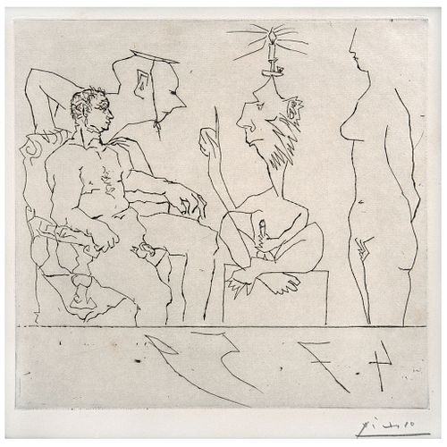 PABLO PICASSO, Philosophe discourant devant un notable, avec femme nue á droite, Signed, Dry point, 9.4 x 9.8" (24 x 25 cm)