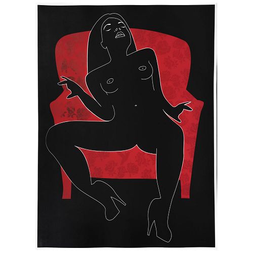 LOURDES ZOLEZZI, Untitled (Mujer en sillón rojo), Signed and dated 2010, Stamp, Serigraphy without print number, 37.4 x 27.5" (95 x 70 cm)