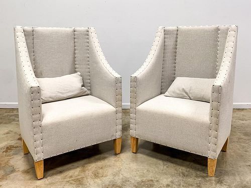 PAIR, HIGH BACK TAN UPHOLSTERED TUB CHAIRS