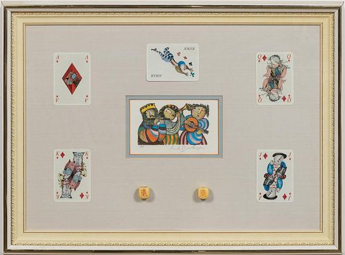 RODO BOULANGER, LITHOGRAPH & PLAYING CARDS, FRAMED