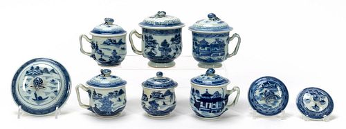 9 PC, CHINESE BLUE & WHITE CANTON EXPORT PORCELAIN